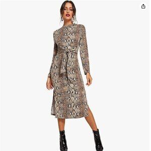 Floerns Women's Snakeskin Print Long Sleeve Tie Waist Split Midi Dress, XS